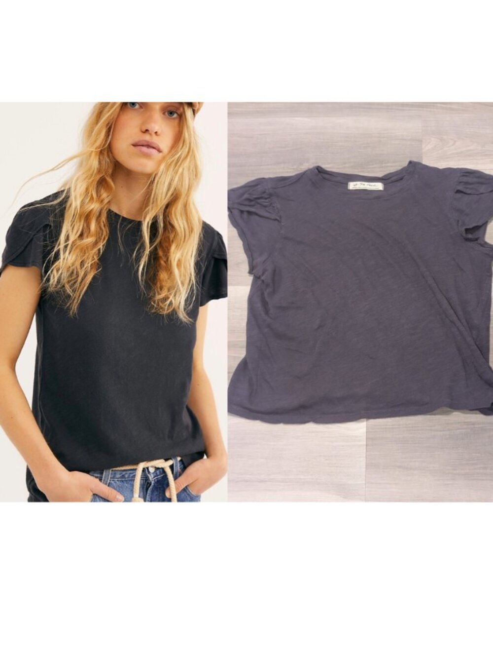 We The Free | Flutter Sleeve Cotton Latte Tee In Slate Blue Grey